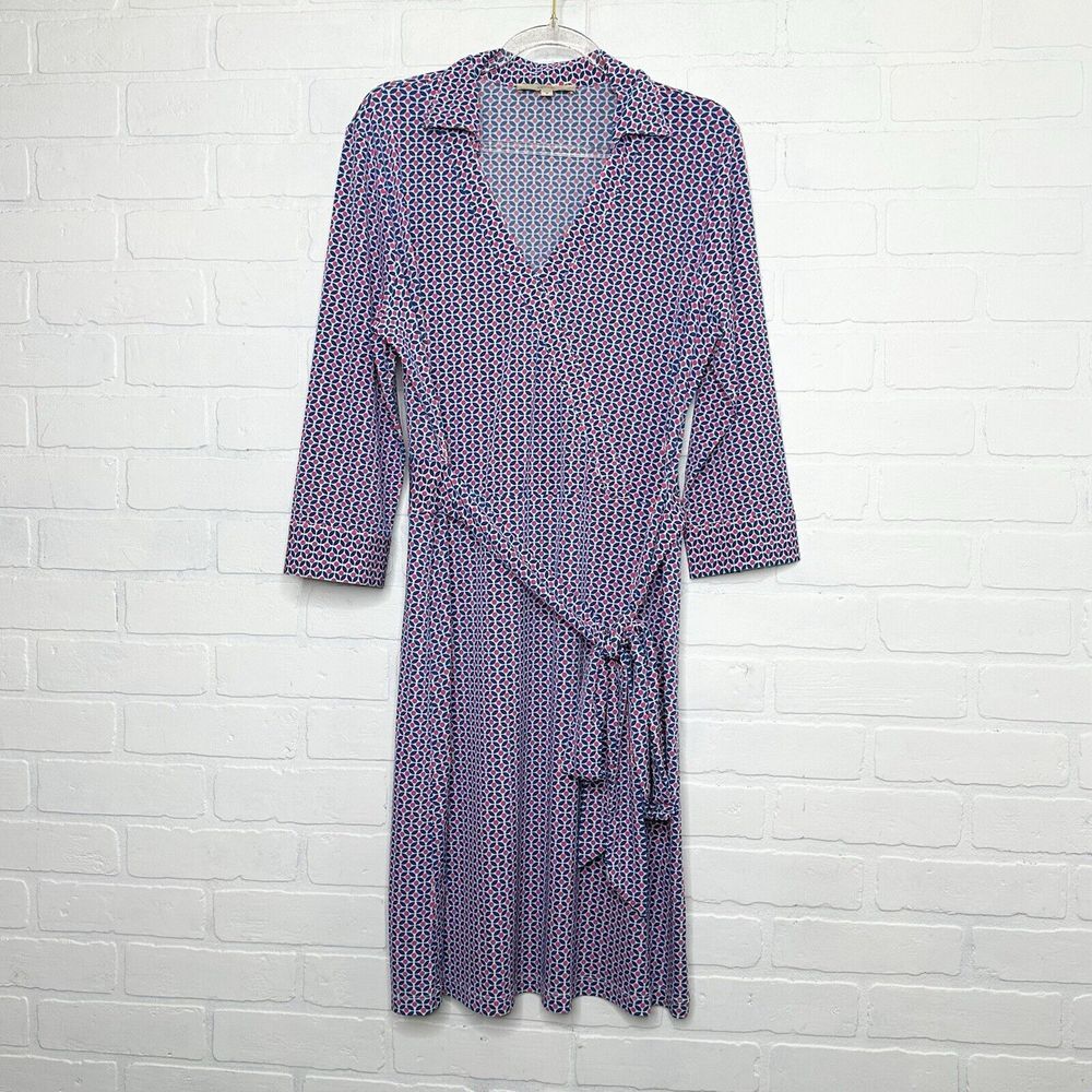 Lark & Ro Faux Wrap Dress Womens Medium Pink‎ Blue White Print Tie Waist Travel
